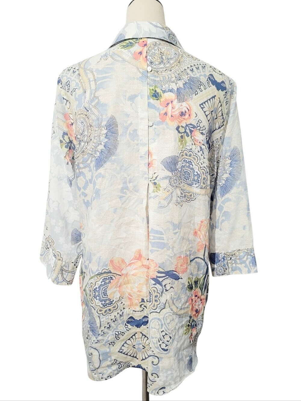 Chico's No-Iron 100% Linen Floral Paisley Button Front Tunic Shirt Medium Woman - Picture 3 of 12